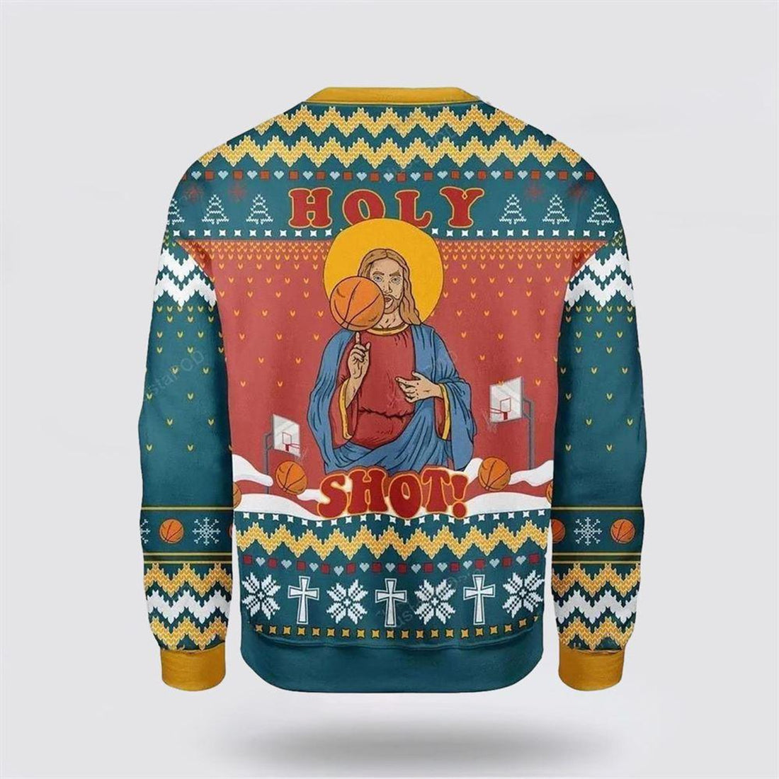 FUNSTUFFPRINT Christian Ugly Christmas Sweater, Christ Jesus Holy Shot Ugly Christmas Sweater, Religious Christmas Sweaters Ugly  Sweater