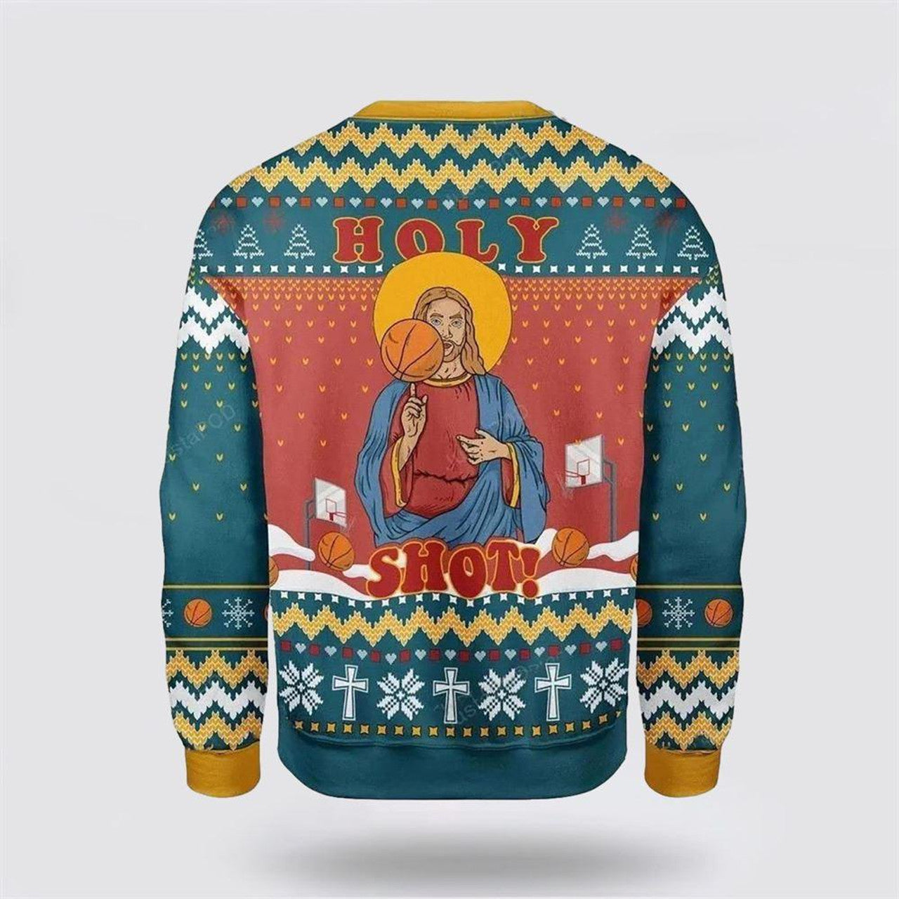 FUNSTUFFPRINT Christian Ugly Christmas Sweater, Christ Jesus Holy Shot Ugly Christmas Sweater, Religious Christmas Sweaters Ugly  Sweater
