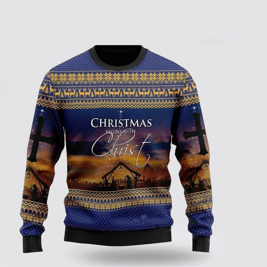 FUNSTUFFPRINT Christian Ugly Christmas Sweater, Christmas Begins With Christ Ugly Christmas Sweater, Religious Christmas Sweaters Ugly  Sweater