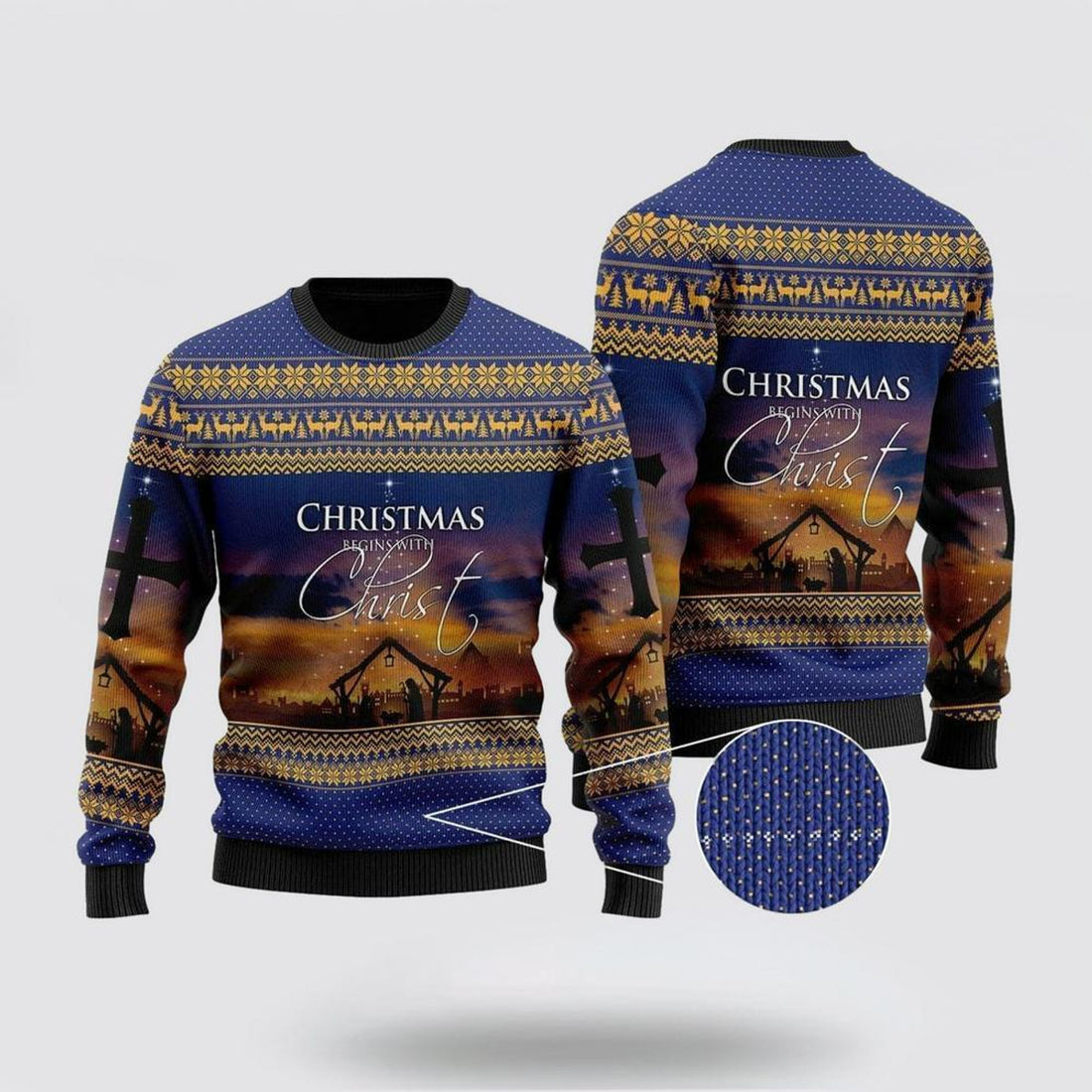 FUNSTUFFPRINT Christian Ugly Christmas Sweater, Christmas Begins With Christ Ugly Christmas Sweater, Religious Christmas Sweaters Ugly  Sweater