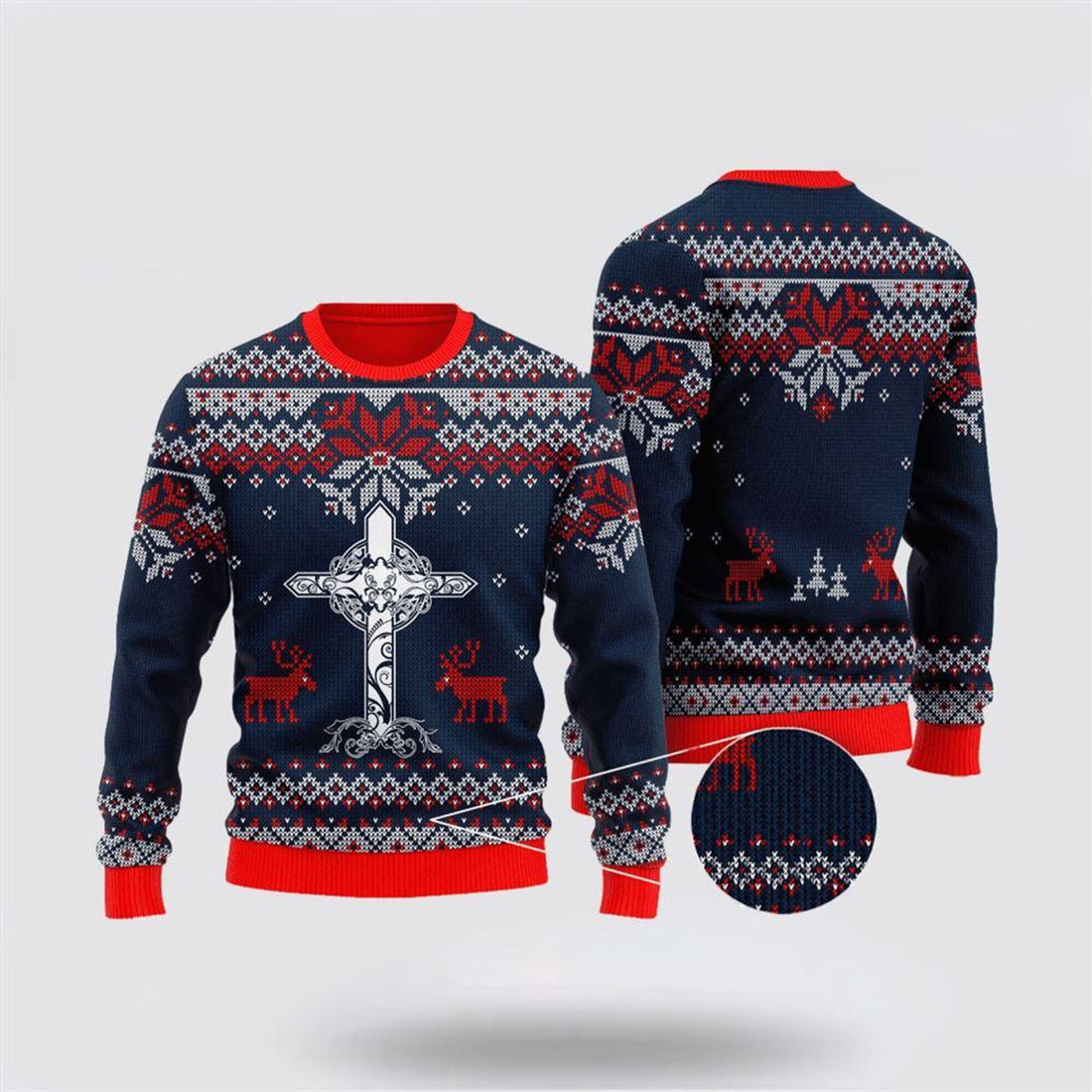 FUNSTUFFPRINT Christian Ugly Christmas Sweater, Dark Blue Christian Cross Reindeer Ugly Christmas Sweater, Religious Christmas Sweaters Ugly  Sweater