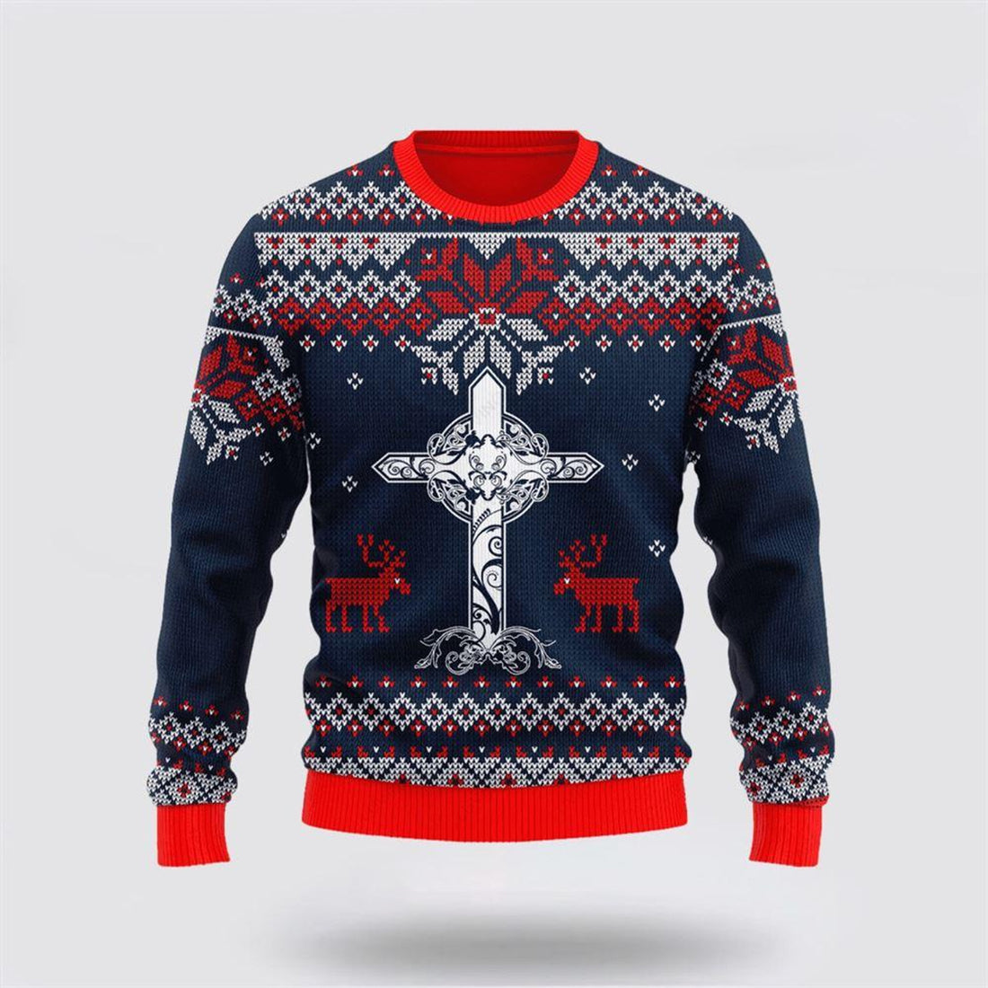 FUNSTUFFPRINT Christian Ugly Christmas Sweater, Dark Blue Christian Cross Reindeer Ugly Christmas Sweater, Religious Christmas Sweaters Ugly  Sweater