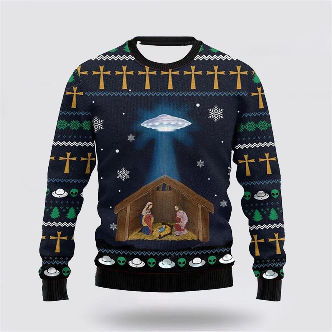 FUNSTUFFPRINT Christian Ugly Christmas Sweater, Fun Spaceship Jesus Print Ugly Christmas Sweater, Religious Christmas Sweaters Ugly  Sweater