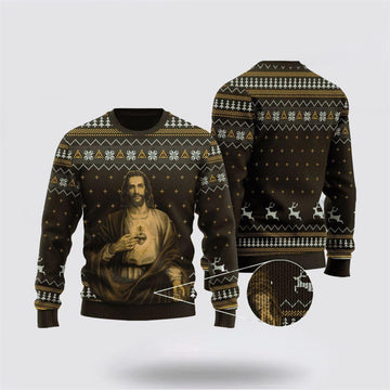 FUNSTUFFPRINT Christian Ugly Christmas Sweater, God Christ Show His Sacred Heart Ugly Christmas Sweater, Religious Christmas Sweaters Ugly  Sweater