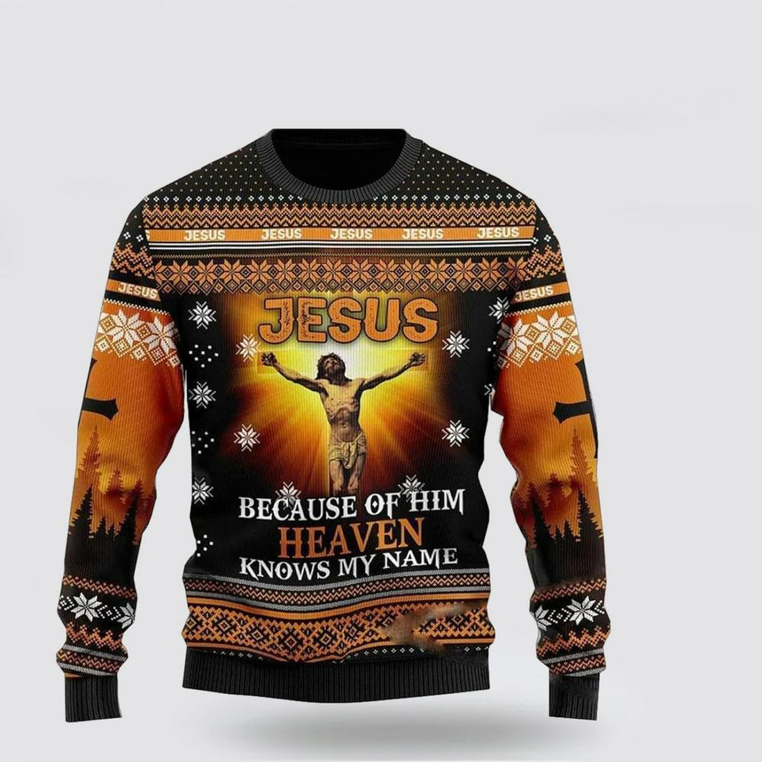 FUNSTUFFPRINT Christian Ugly Christmas Sweater, Jesus Because Of Him Heaven Knows My Name Ugly Christmas Sweater, Religious Christmas Sweaters Ugly  Sweater