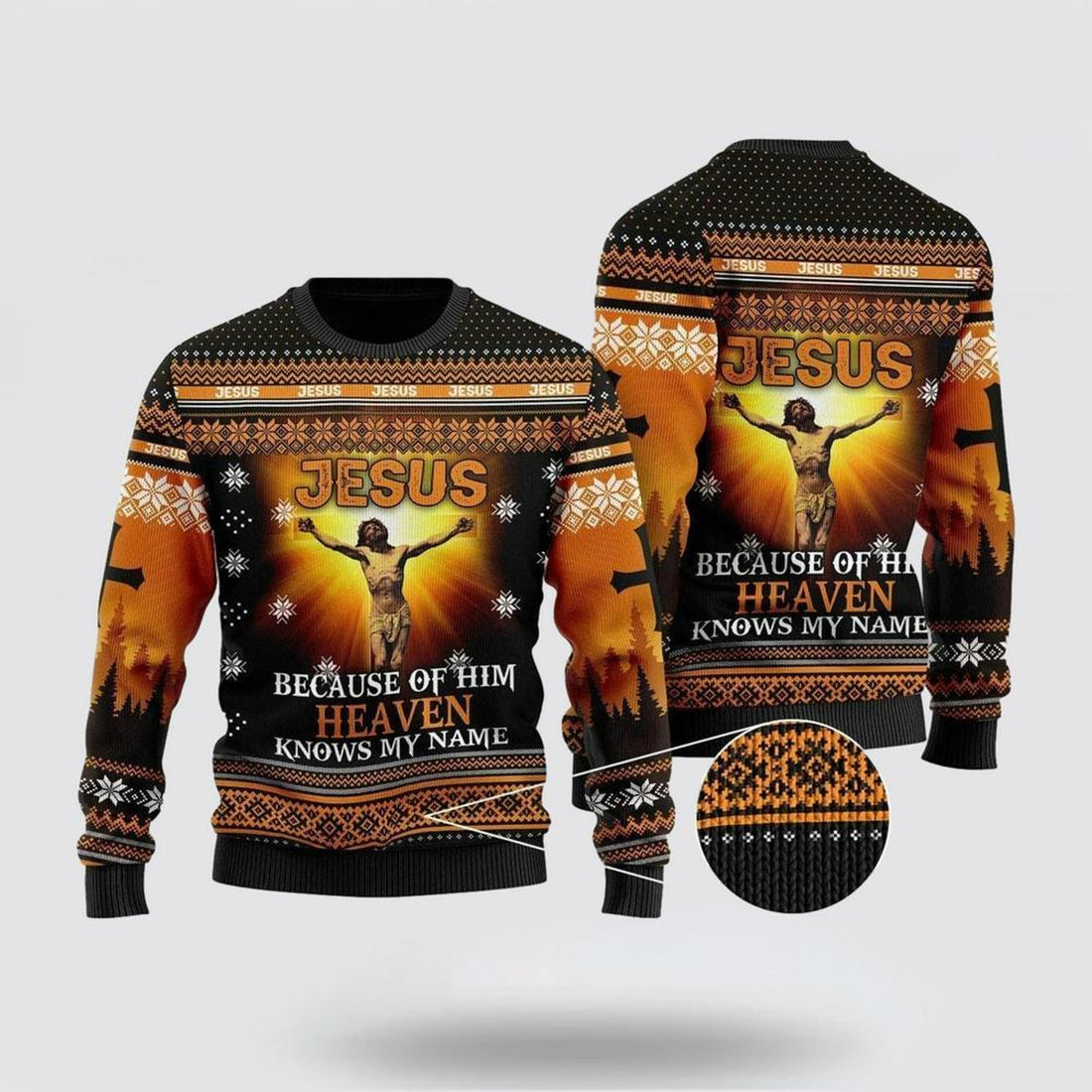 FUNSTUFFPRINT Christian Ugly Christmas Sweater, Jesus Because Of Him Heaven Knows My Name Ugly Christmas Sweater, Religious Christmas Sweaters Ugly  Sweater