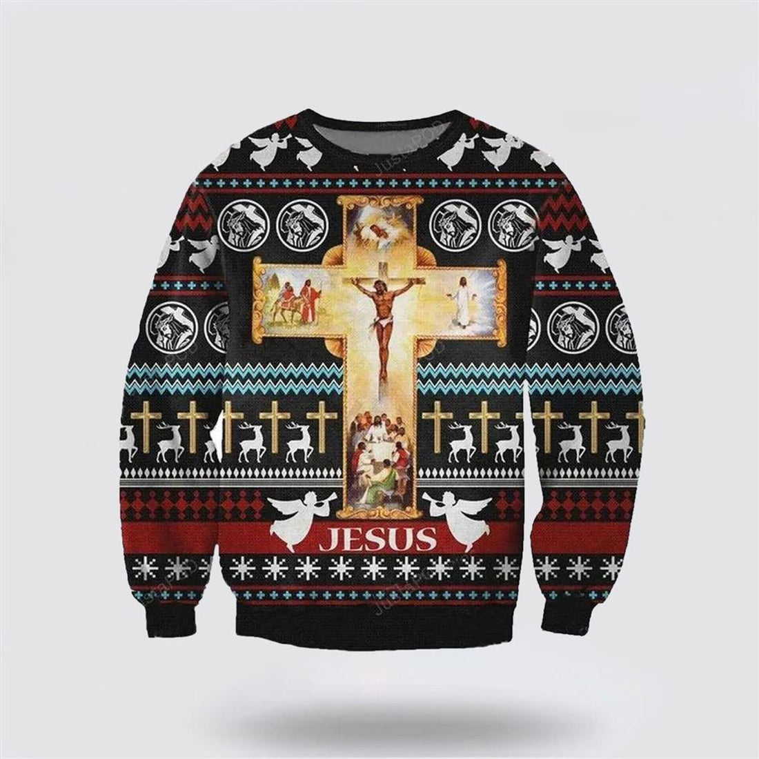 FUNSTUFFPRINT Christian Ugly Christmas Sweater, Jesus On The Cross Ugly Christmas Sweater, Religious Christmas Sweaters Ugly  Sweater