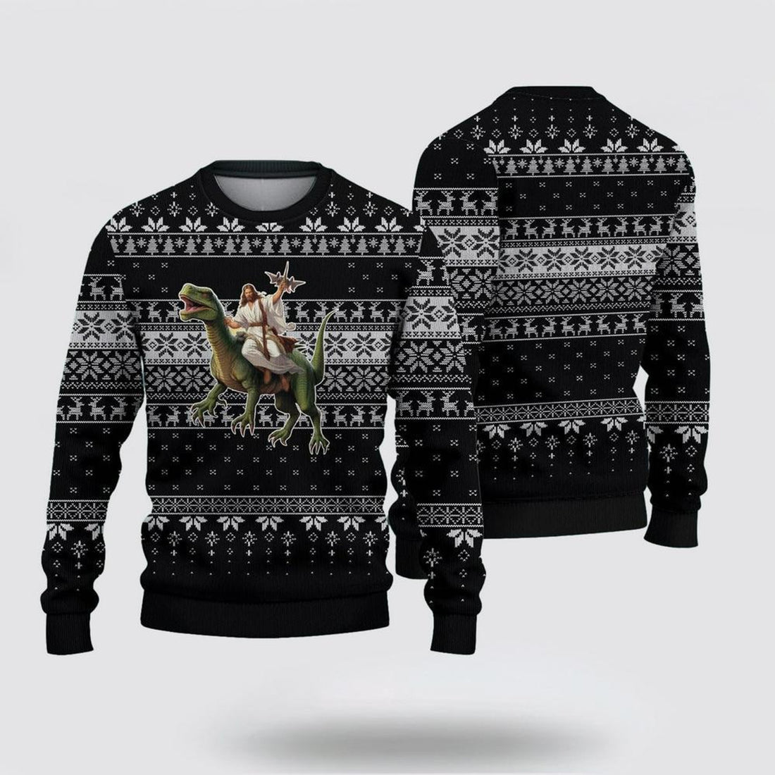FUNSTUFFPRINT Christian Ugly Christmas Sweater, Jesus Riding A Dinosaur Picture Ugly Christmas Sweater, Religious Christmas Sweaters Ugly  Sweater