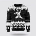 FUNSTUFFPRINT Christian Ugly Christmas Sweater, Jesus Saves Baseball Ugly Christmas Sweater, Religious Christmas Sweaters Ugly  Sweater
