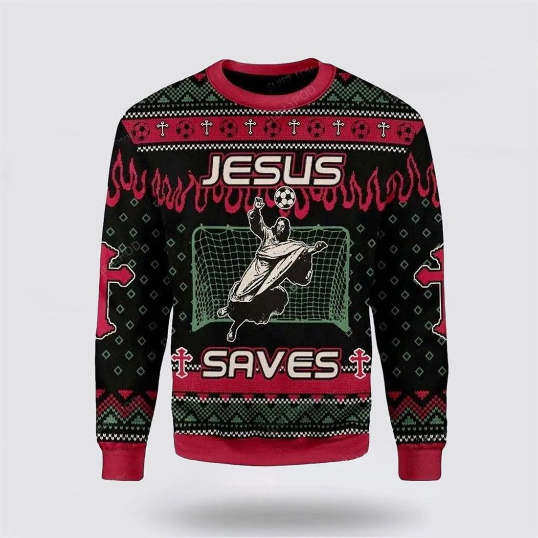FUNSTUFFPRINT Christian Ugly Christmas Sweater, Jesus Saves Football Ugly Christmas Sweater, Religious Christmas Sweaters Ugly  Sweater