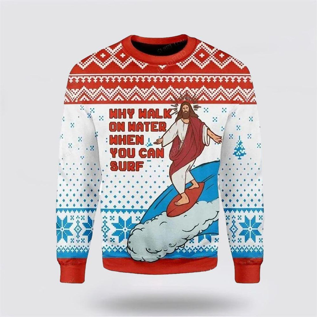FUNSTUFFPRINT Christian Ugly Christmas Sweater, Jesus Surfing Womens Ugly Christmas Sweater, Religious Christmas Sweaters Ugly  Sweater