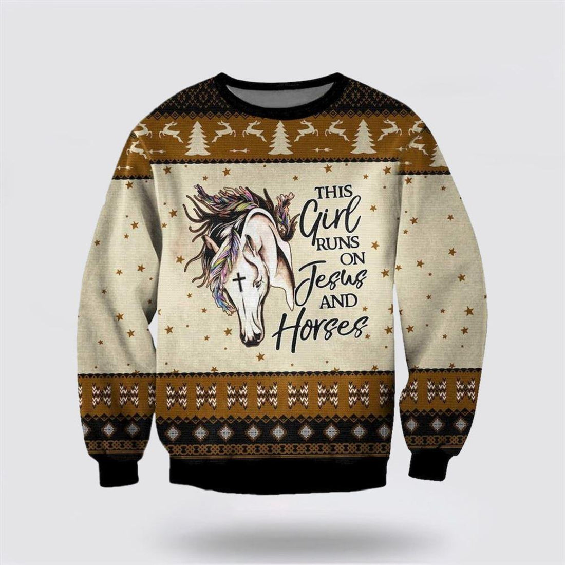 FUNSTUFFPRINT Christian Ugly Christmas Sweater, The Girl Runs On Jesus And Horses Christmas Ugly Christmas Sweater, Religious Christmas Sweaters Ugly  Sweater