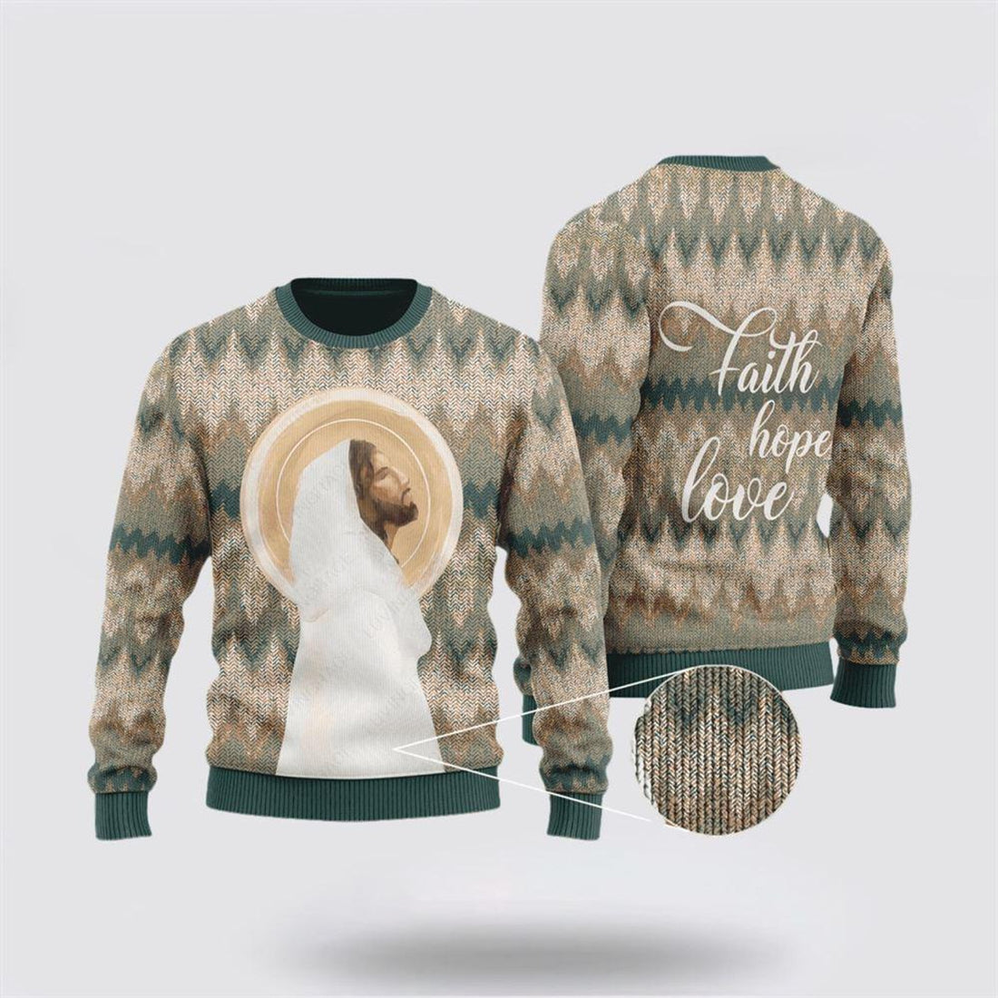 FUNSTUFFPRINT Christian Ugly Christmas Sweater, Vintage Christ God Faith Hope Love Ugly Christmas Sweater, Religious Christmas Sweaters Ugly  Sweater