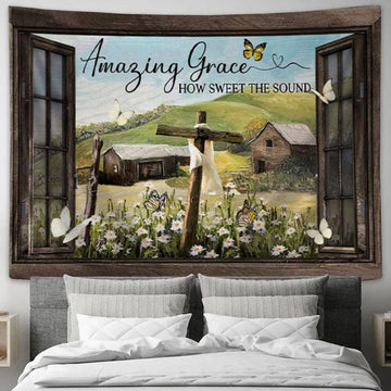 Christian Wall Art Amazing Grace How Sweet The Sound Rustic Farmhouse Tapestry Print - Christian Wall Decor