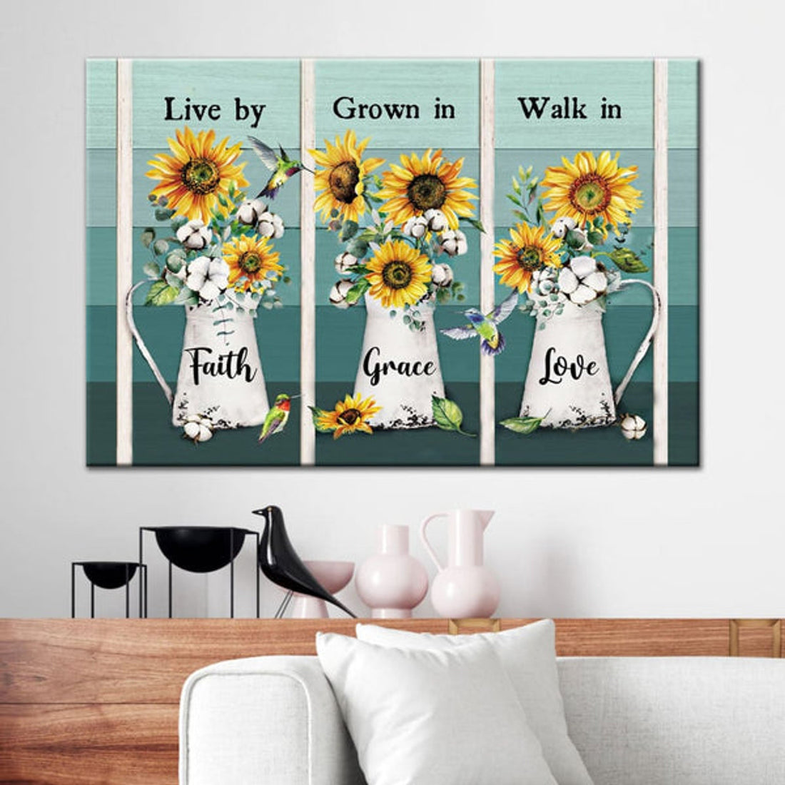 Christian Wall Art Live By Faith Grow In Grace Walk In Love, Hummingbird Sunflower Canvas Print - Religious Wall Decor