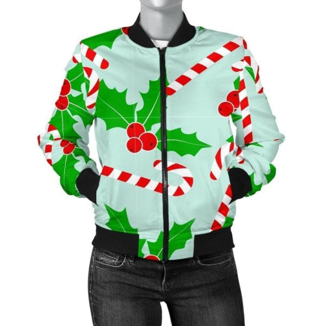 FUNSTUFFPRINT Christmas Candy Cane Pattern Print Women Casual 3D Bomber Jacket