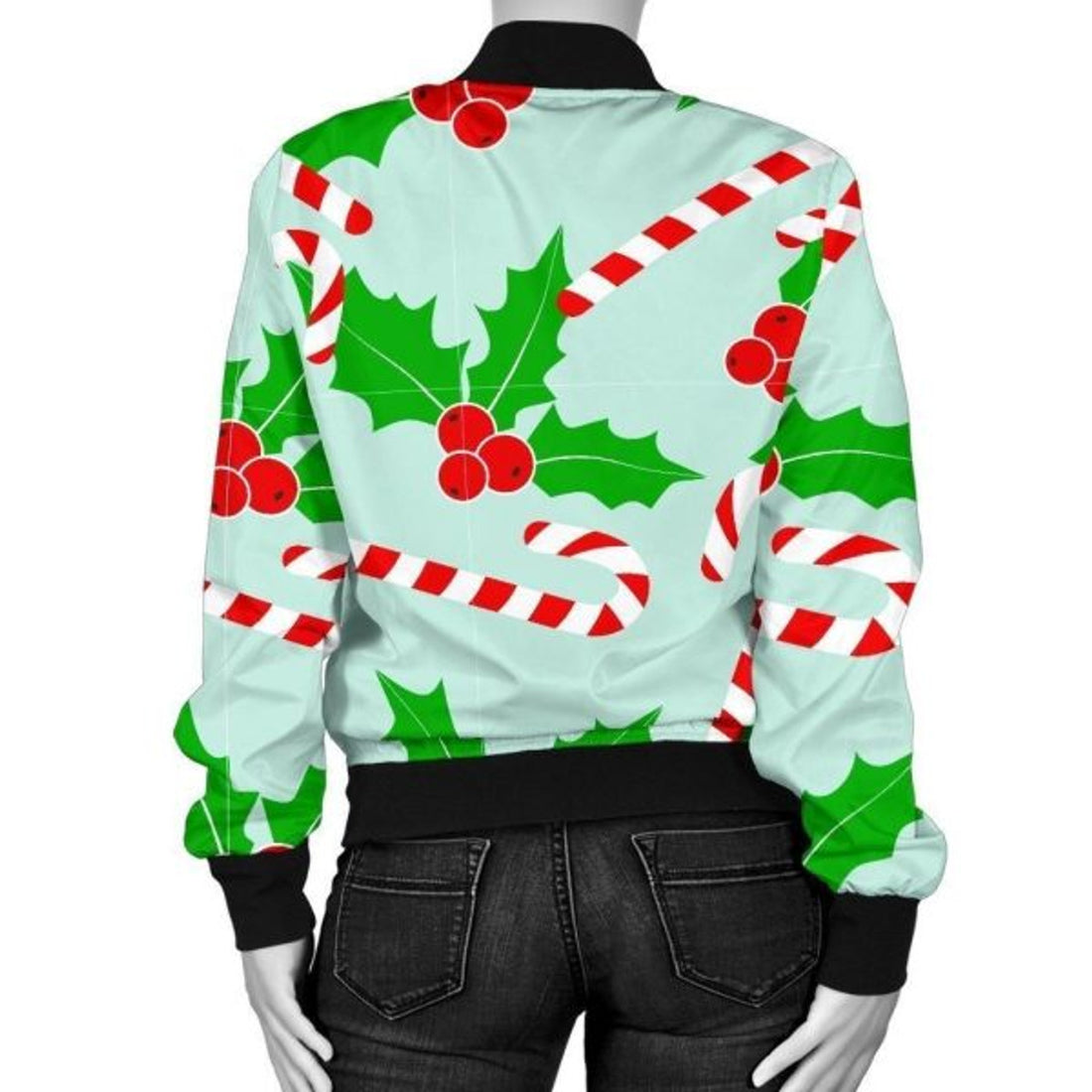 FUNSTUFFPRINT Christmas Candy Cane Pattern Print Women Casual 3D Bomber Jacket