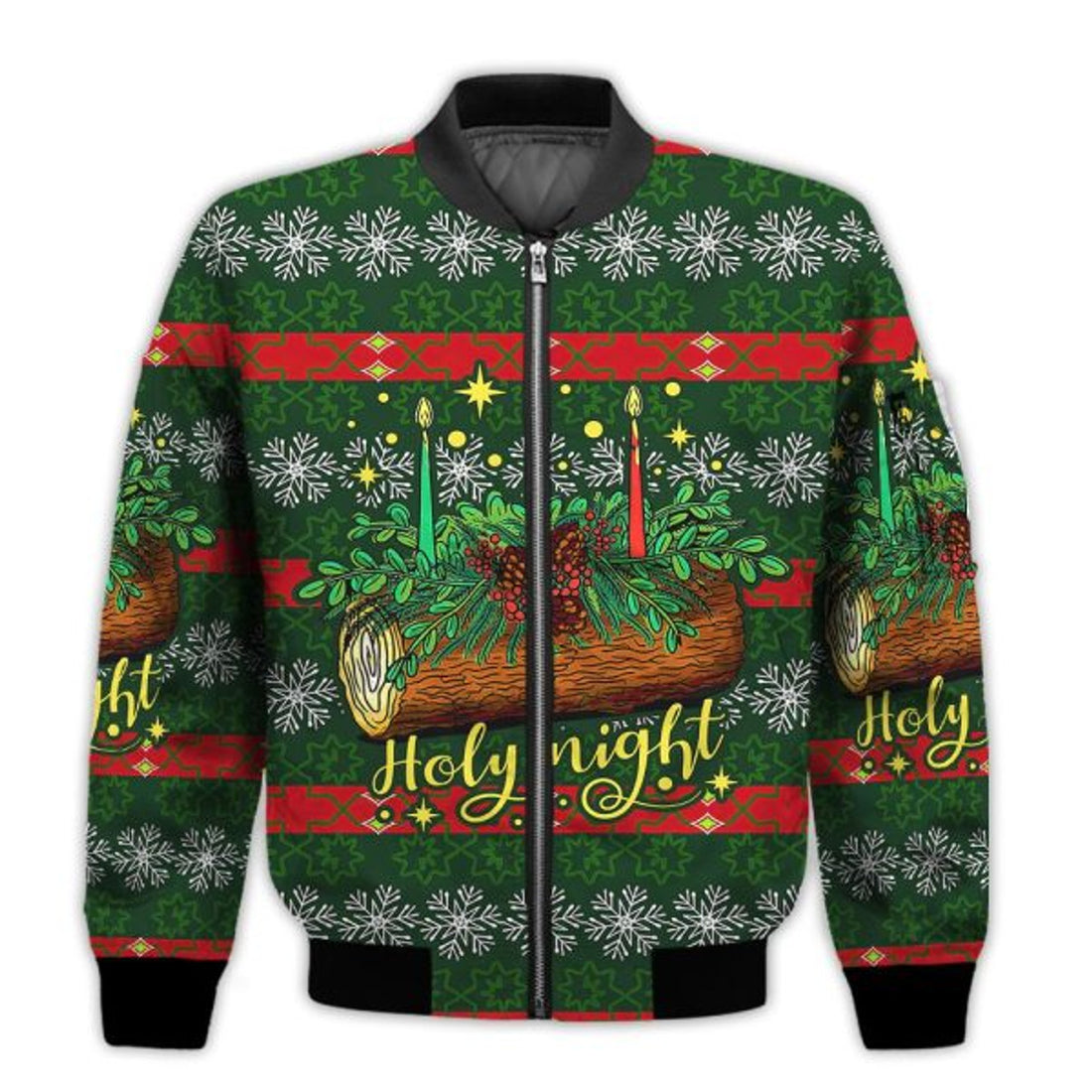 FUNSTUFFPRINT Christmas Day Bomber - Christmas Yule Log Candle Holy Night 3D Bomber - Gifts For Christmas 3D Bomber Jacket