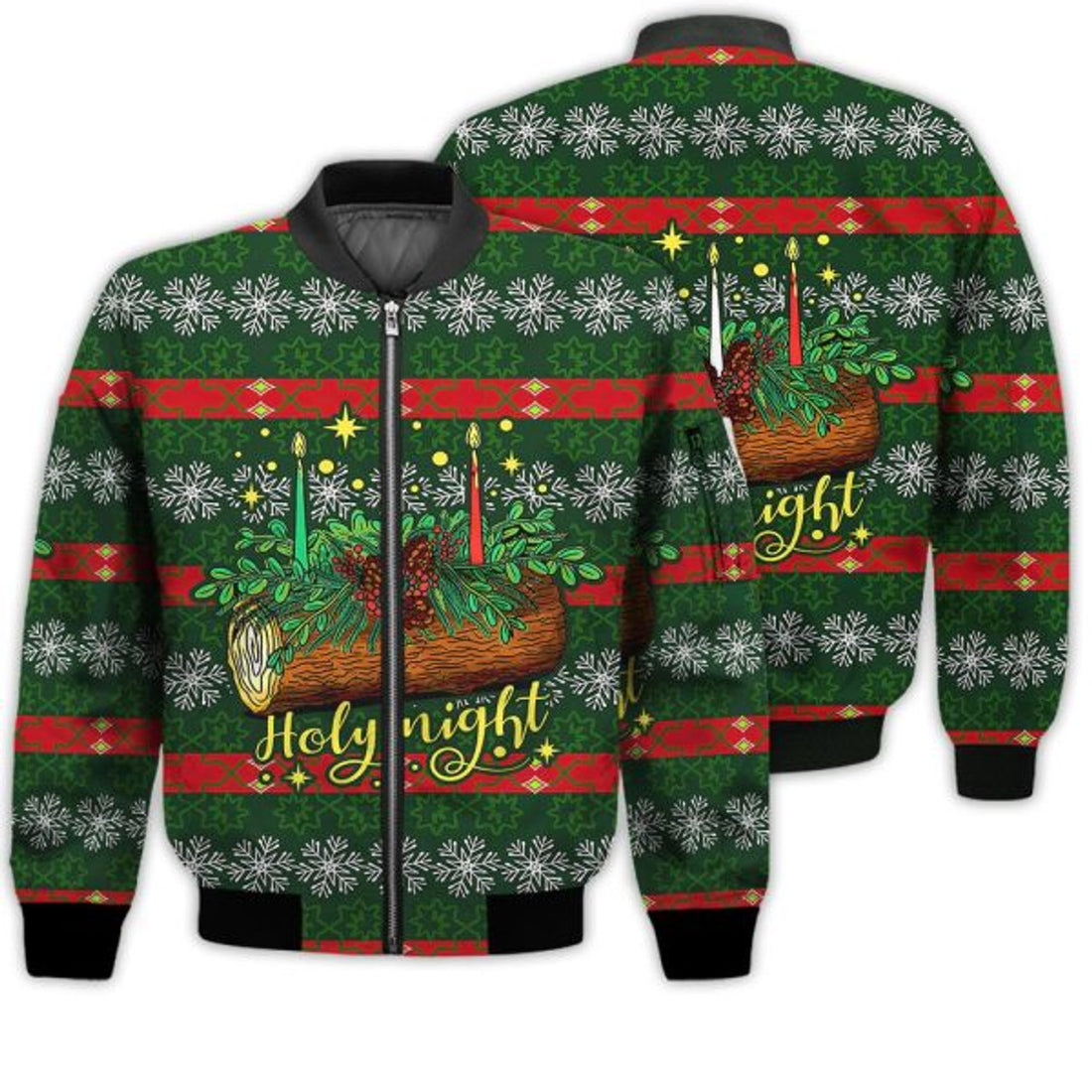 FUNSTUFFPRINT Christmas Day Bomber - Christmas Yule Log Candle Holy Night 3D Bomber - Gifts For Christmas 3D Bomber Jacket