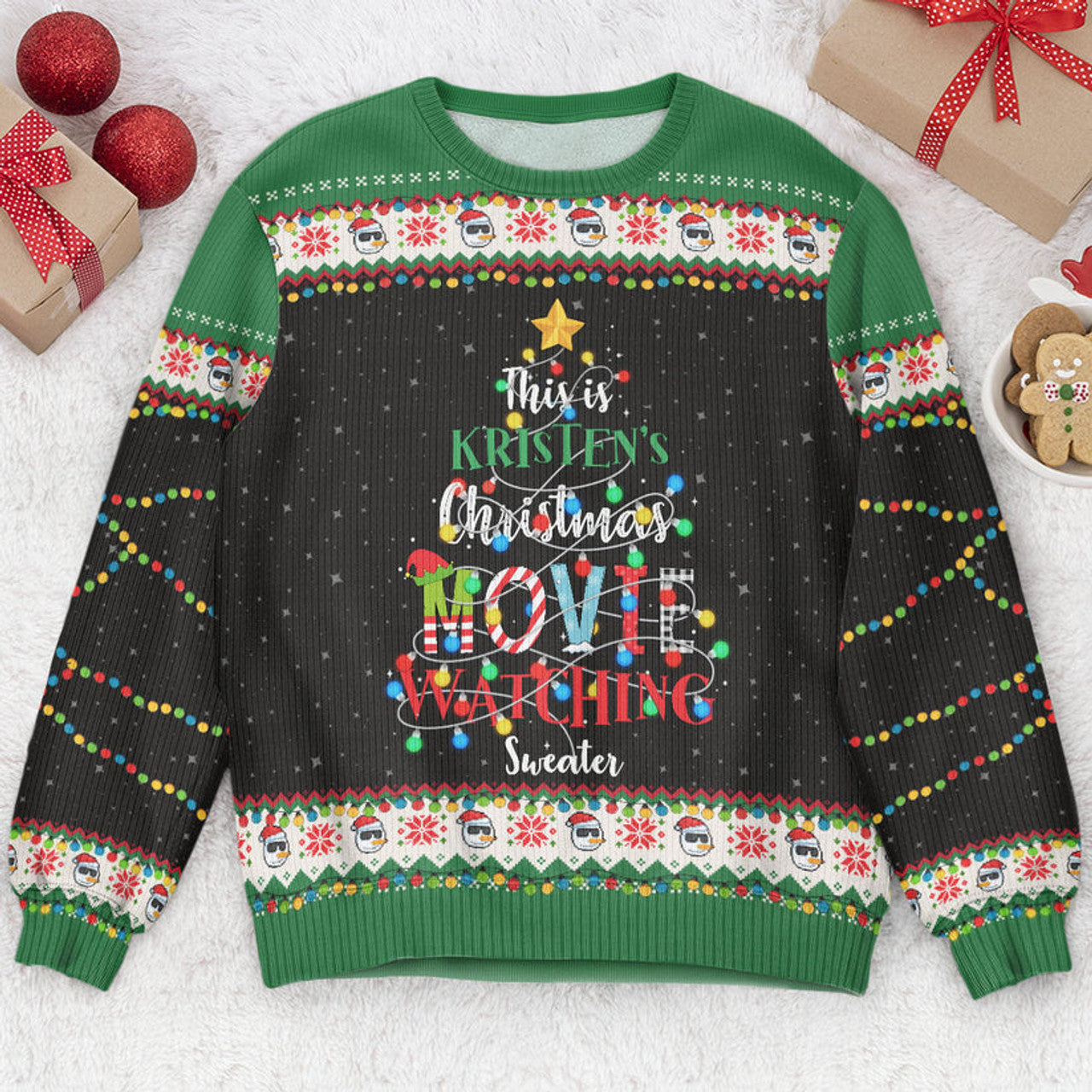 FUNSTUFFPRINT Custom Christmas Movie Watching Sweater Ugly Sweater