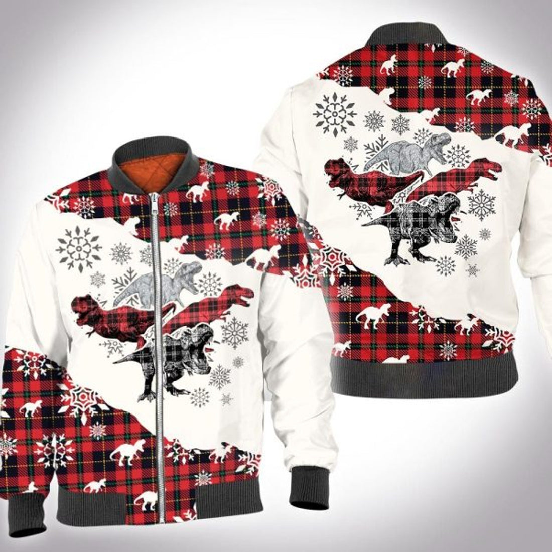 FUNSTUFFPRINT Christmas tartan dinosaur 3D All Over Printed Shirt, Bomber Jacket Size 3D Bomber Jacket