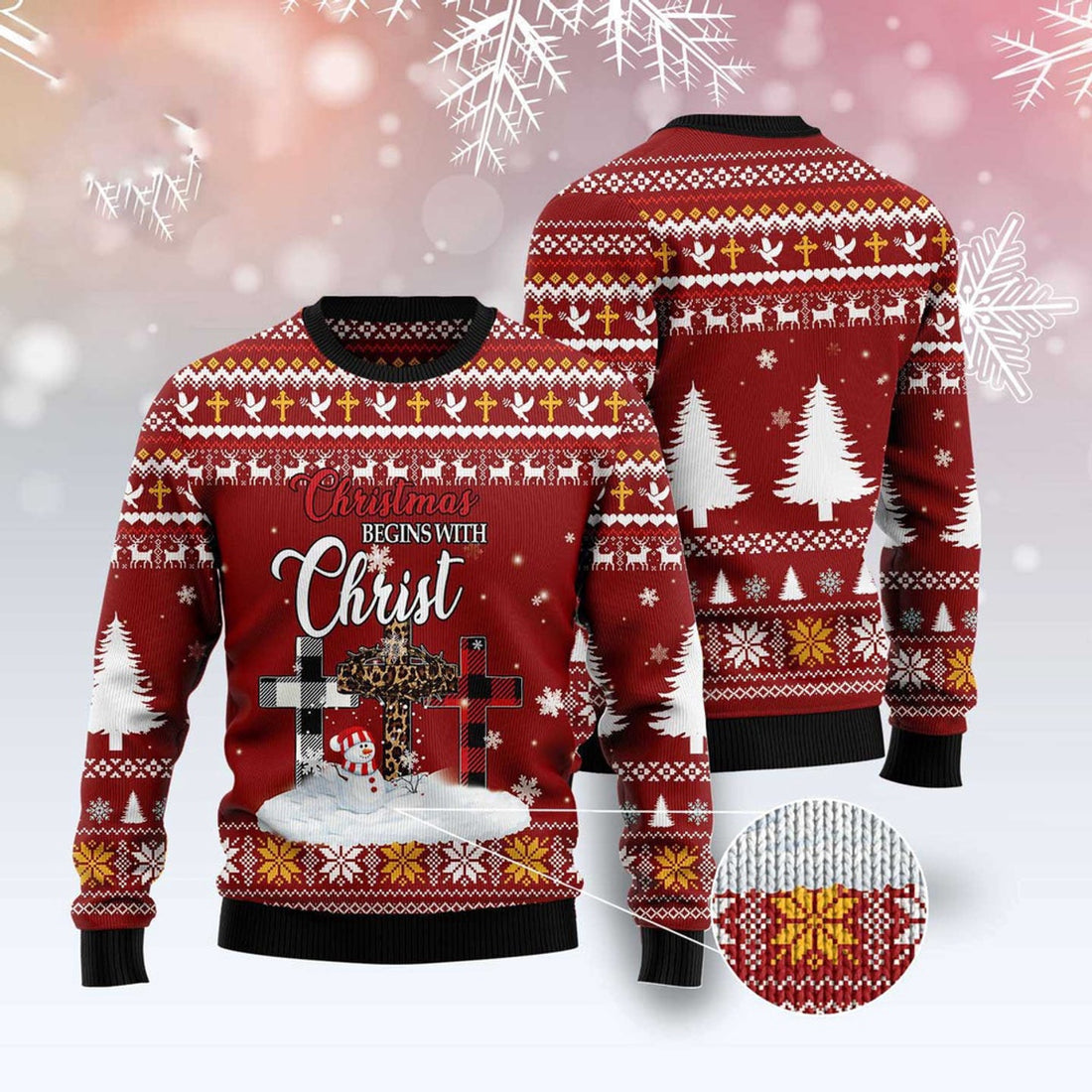 FUNSTUFFPRINT Christmas Begins With Christ Ugly Christmas Sweater, Christmas Sweater, Ugly Sweater, Funny Xmas Sweaters Ugly Sweater