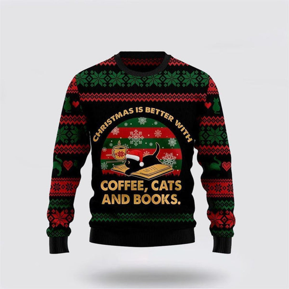 FUNSTUFFPRINT Christmas Better With Cat And Book Ugly Christmas Sweater For Men And Women, Best Gift For Christmas, Christmas Fashion Winter  Ugly  Sweater