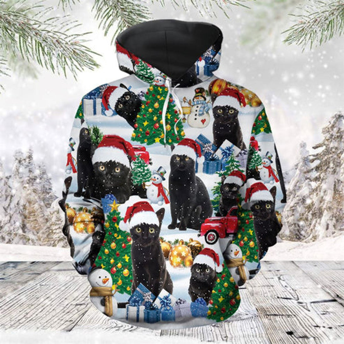 FUNSTUFFPRINT 3D Christmas Black Cat 2 All Over 3D Hoodie and Zip Hoodie