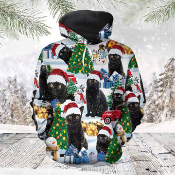 FUNSTUFFPRINT 3D Christmas Black Cat 2 All Over 3D Hoodie and Zip Hoodie