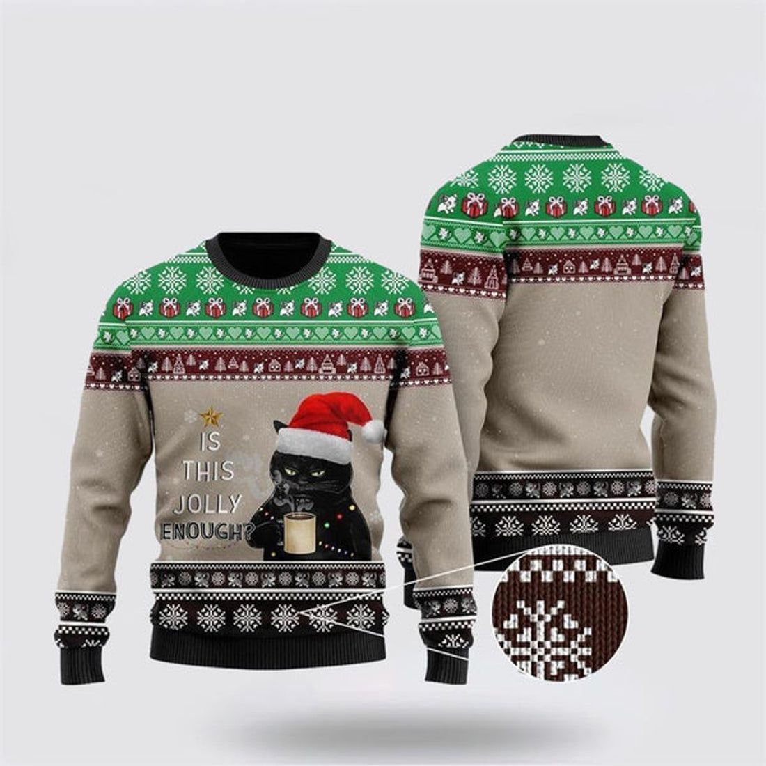 FUNSTUFFPRINT Christmas Black Cat With Coffee Is This Jolly Enough Ugly Christmas Sweater For Men And Women, Best Gift For Christmas, Christmas Fashion Winter  Ugly  Sweater