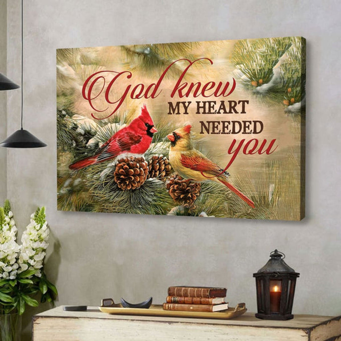 Christmas Cardinal Bird, God Knew My Heart Needed You Wall Art Canvas - Religious Wall Decor