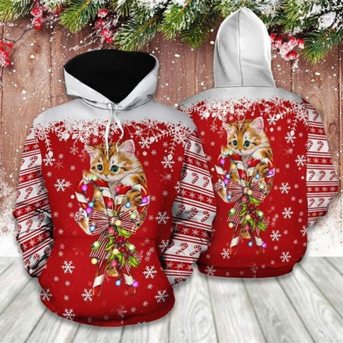 FUNSTUFFPRINT 3D Christmas Cat And Candy Cane All Over 3D Hoodie and Zip Hoodie