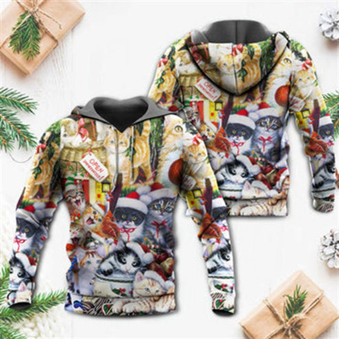 FUNSTUFFPRINT 3D Christmas Cat Love Xmas All Over 3D Hoodie and Zip Hoodie