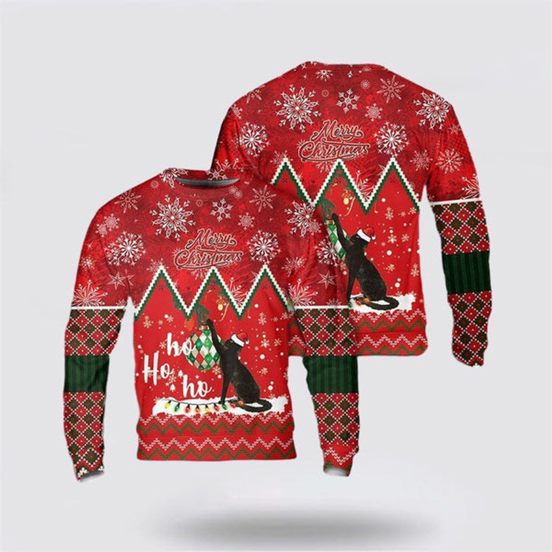 FUNSTUFFPRINT Christmas Cat Meowy Ho Ho Ho Ugly Christmas Sweater, Farm Sweater, Christmas Gift, Best Winter Outfit Christmas Ugly Sweater