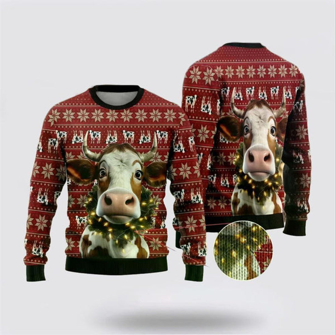 FUNSTUFFPRINT Christmas Cow Wreaths Ugly Christmas Sweater, Farm Sweater, Christmas Gift, Best Winter Outfit Christmas Ugly Sweater