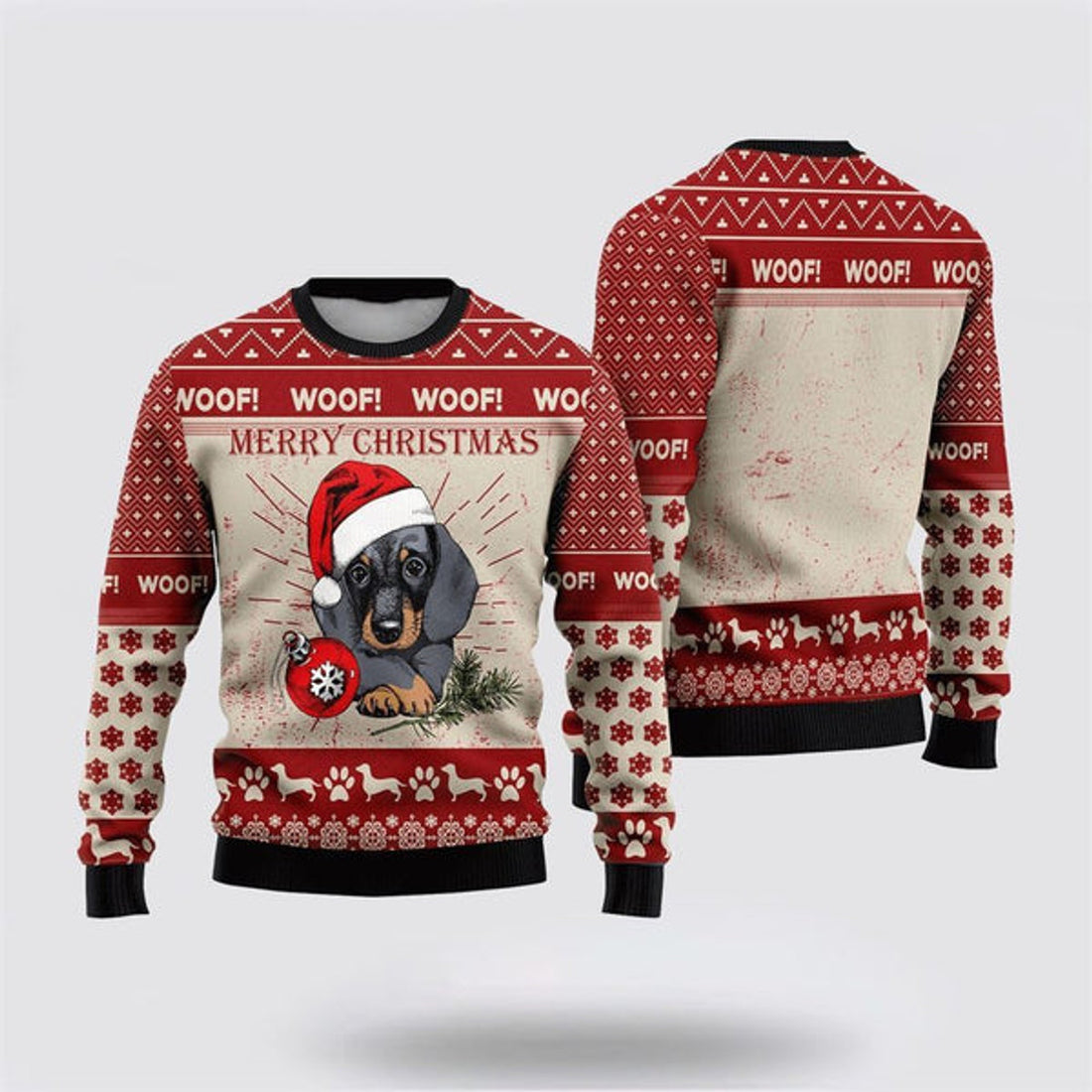 FUNSTUFFPRINT Christmas Dachshund Woof Merry Christmas Ugly Christmas Sweater For Men And Women, Gift For Christmas, Best Winter Christmas Outfit Ugly  Sweater