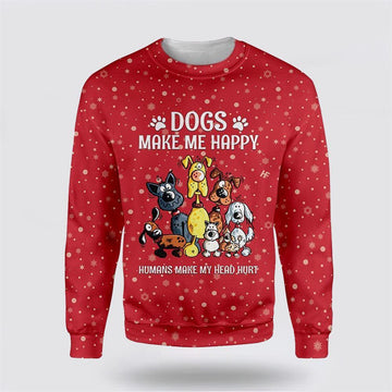 FUNSTUFFPRINT Christmas Dogs Make Me Happy Ugly Christmas Sweater – Dog Lover Christmas Sweater Ugly  Sweater