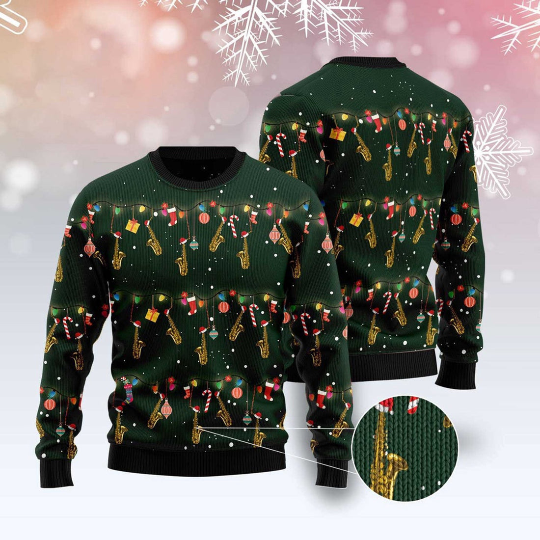 FUNSTUFFPRINT Christmas Instrument Saxophone Ugly Christmas Sweater, Christmas Sweater, Ugly Sweater, Funny Xmas Sweaters Ugly Sweater