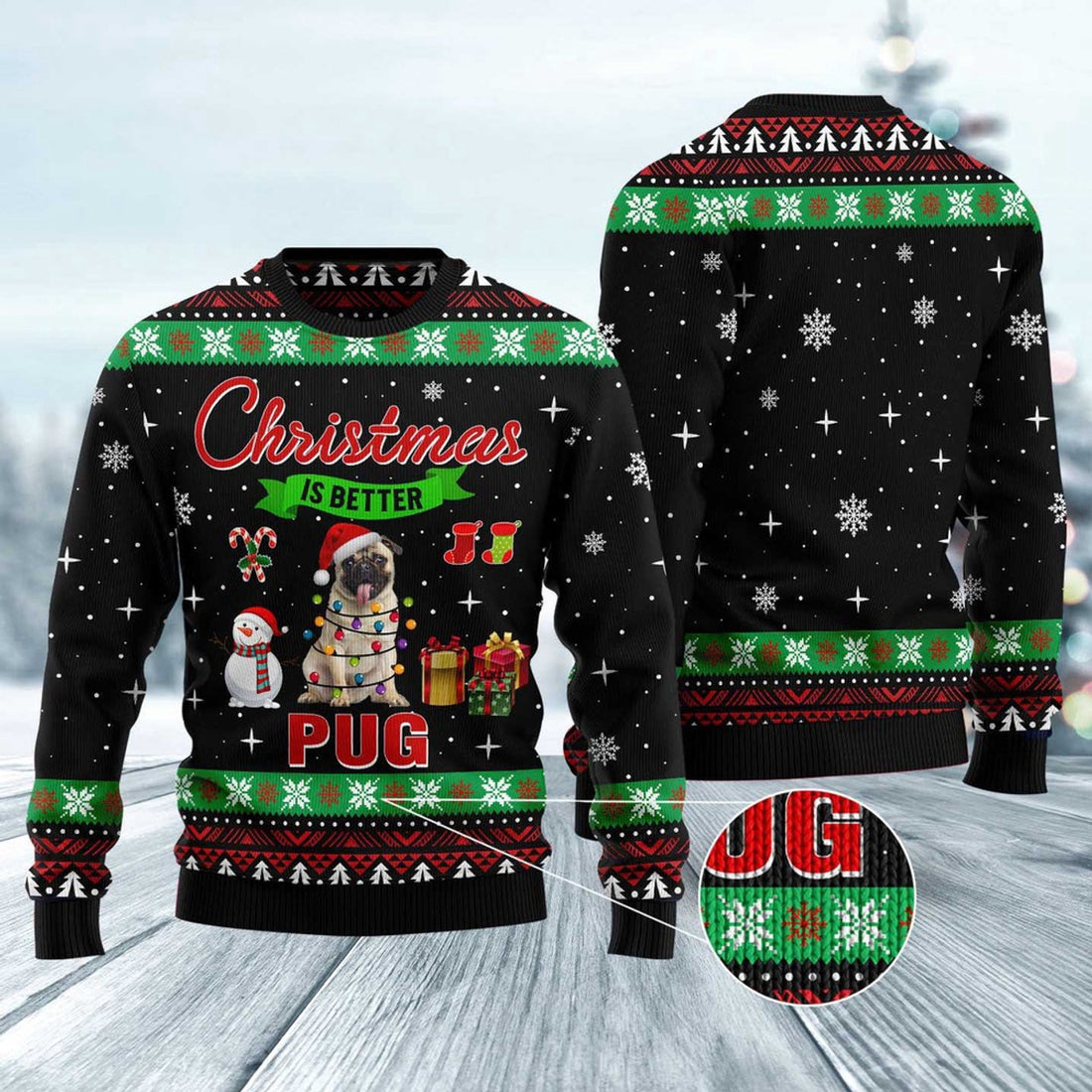 FUNSTUFFPRINT Christmas Is Better With Pug Ugly Christmas Sweater, Dog Ugly Christmas Sweater, Ugly Dog Sweaters Ugly  Sweater