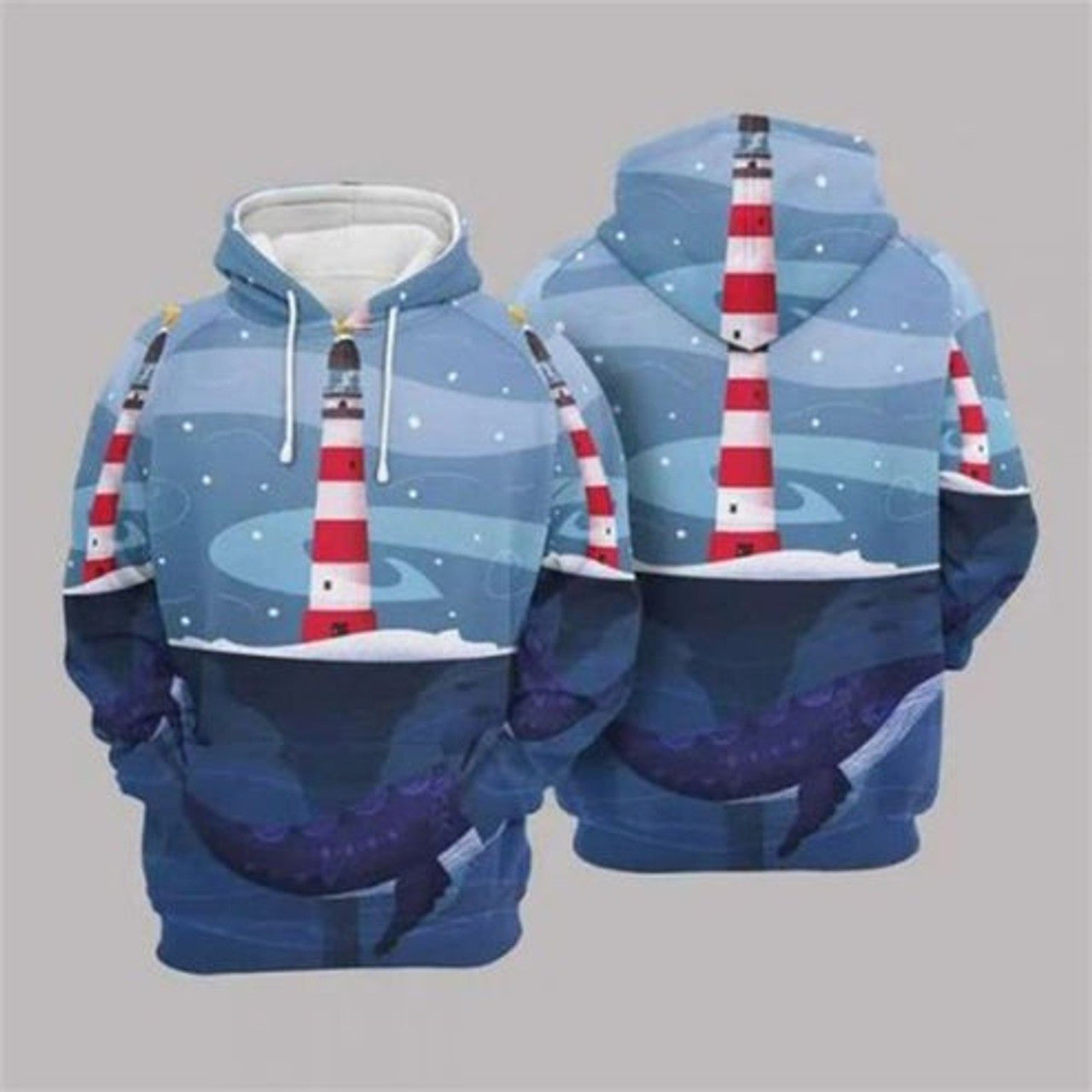 FUNSTUFFPRINT 3D Christmas Lighthouse And Whale Blue All Over 3D Hoodie and Zip Hoodie