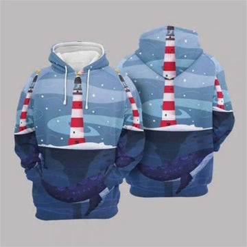 FUNSTUFFPRINT 3D Christmas Lighthouse And Whale Blue All Over 3D Hoodie and Zip Hoodie