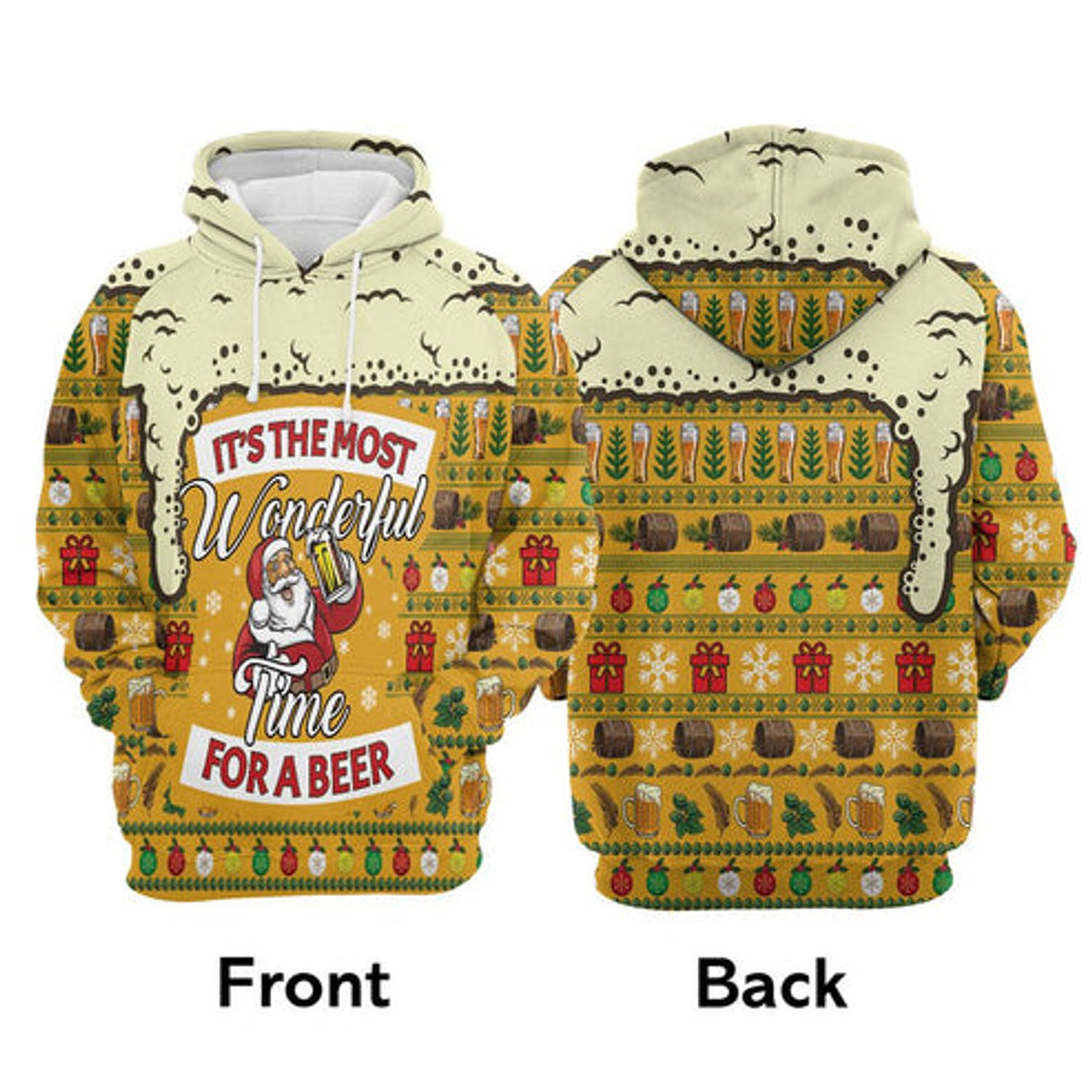 FUNSTUFFPRINT 3D Christmas Most Wonderful Time For Beer All Over 3D Hoodie and Zip Hoodie