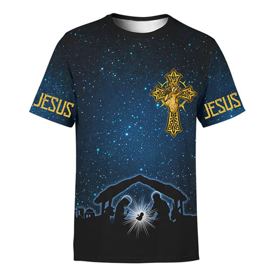 FUNSTUFFPRINT Christmas Nativity Scene Night Light Jesus Christmas Shirt - Christian 3D T-shirt