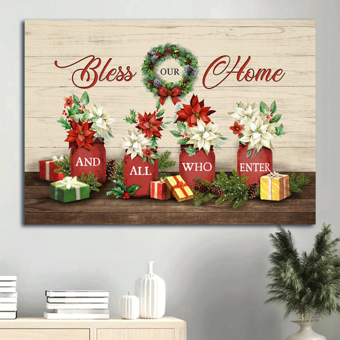 Christmas Painting Flower Laurel Wreath Colorful Christmas Gift Box Bless Our Home And All Who Enter Canvas Wall Art - Christian Wall Decor