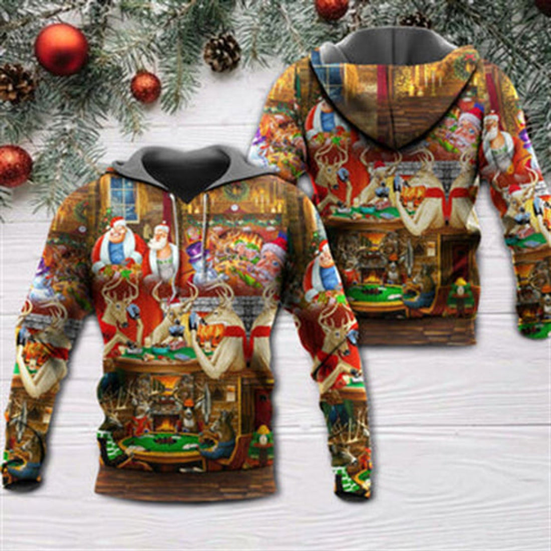 FUNSTUFFPRINT 3D Christmas Poker Gambling Santa And Friends Play Poker All Over 3D Hoodie and Zip Hoodie