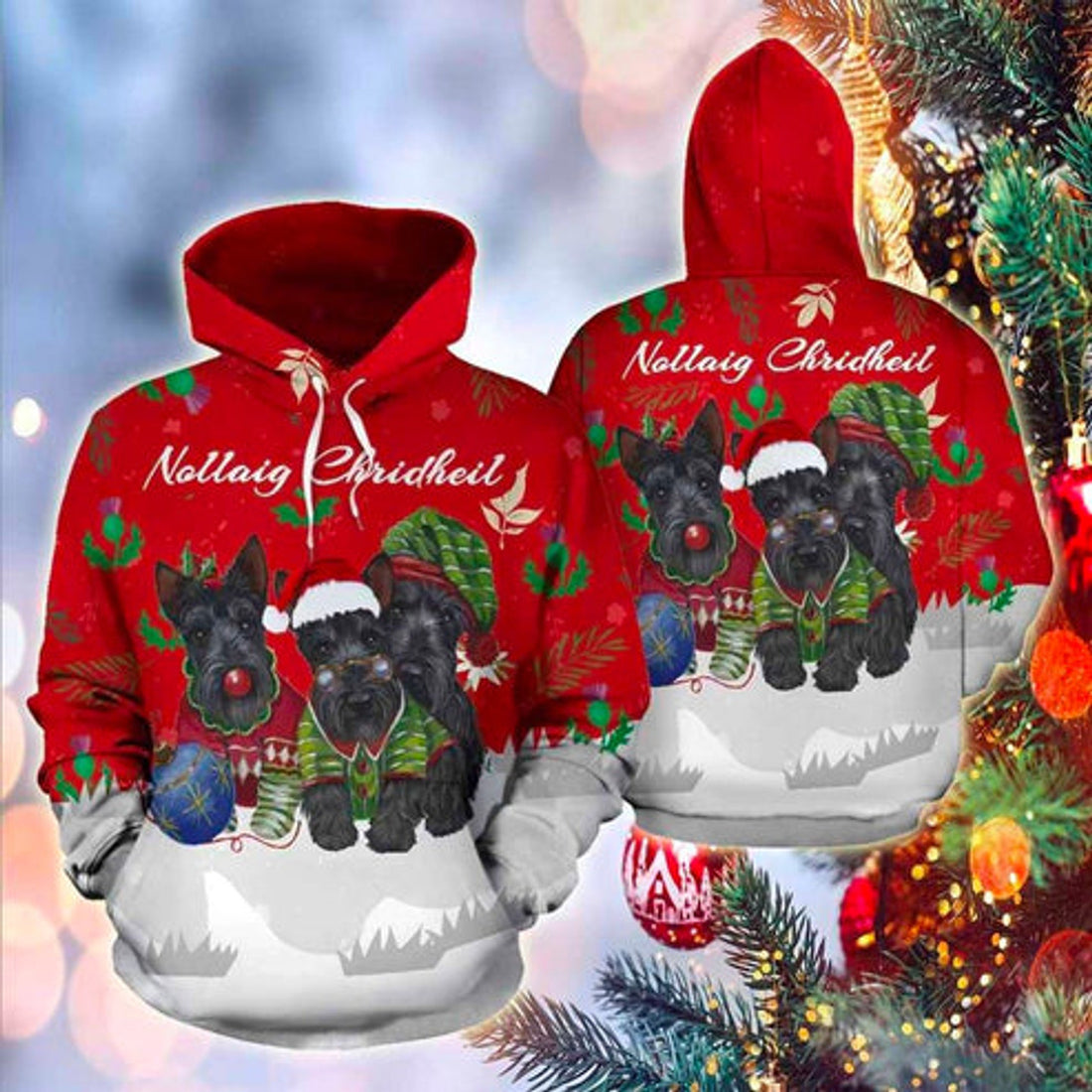 FUNSTUFFPRINT 3D Christmas Scottish Terrier Scotland All Over 3D Hoodie and Zip Hoodie