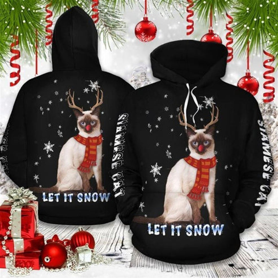 FUNSTUFFPRINT 3D Christmas Siamese Cat Black Funny All Over 3D Hoodie and Zip Hoodie