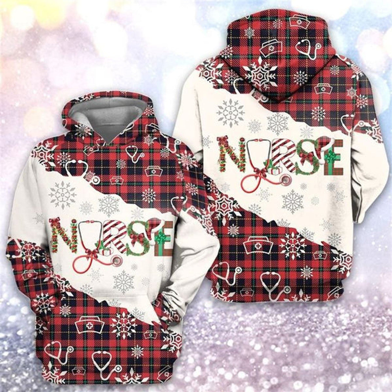 FUNSTUFFPRINT 3D Christmas Tartan Nurses All Over 3D Hoodie and Zip Hoodie