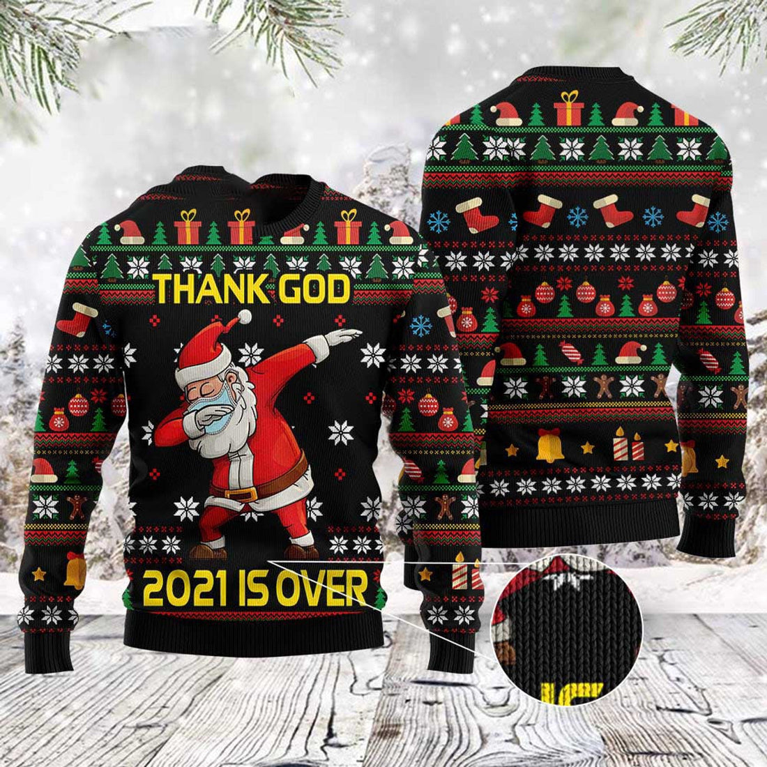 FUNSTUFFPRINT Christmas Thank God Is Over Santa Dabbing Ugly Christmas Sweater, Christmas Sweater, Ugly Sweater, Funny Xmas Sweaters Ugly Sweater