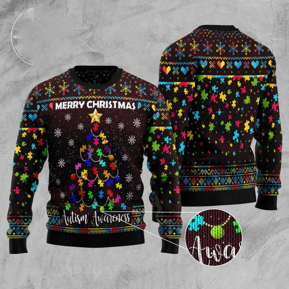 FUNSTUFFPRINT Christmas Tree Autism Awareness Ugly Christmas Sweater, Xmas Tree Sweater, Christmas Sweater Ugly  Sweater